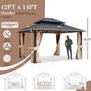 EROMMY 12' x 14' Hardtop Gazebo Outdoor Double Roof with Curtains and Netting, Anti-Rust Coating Frame-Erommy